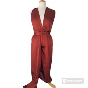 NWT By Louise Paris Magdalena Jumpsuit Brick Red Size M Wide Leg Deep V Neck